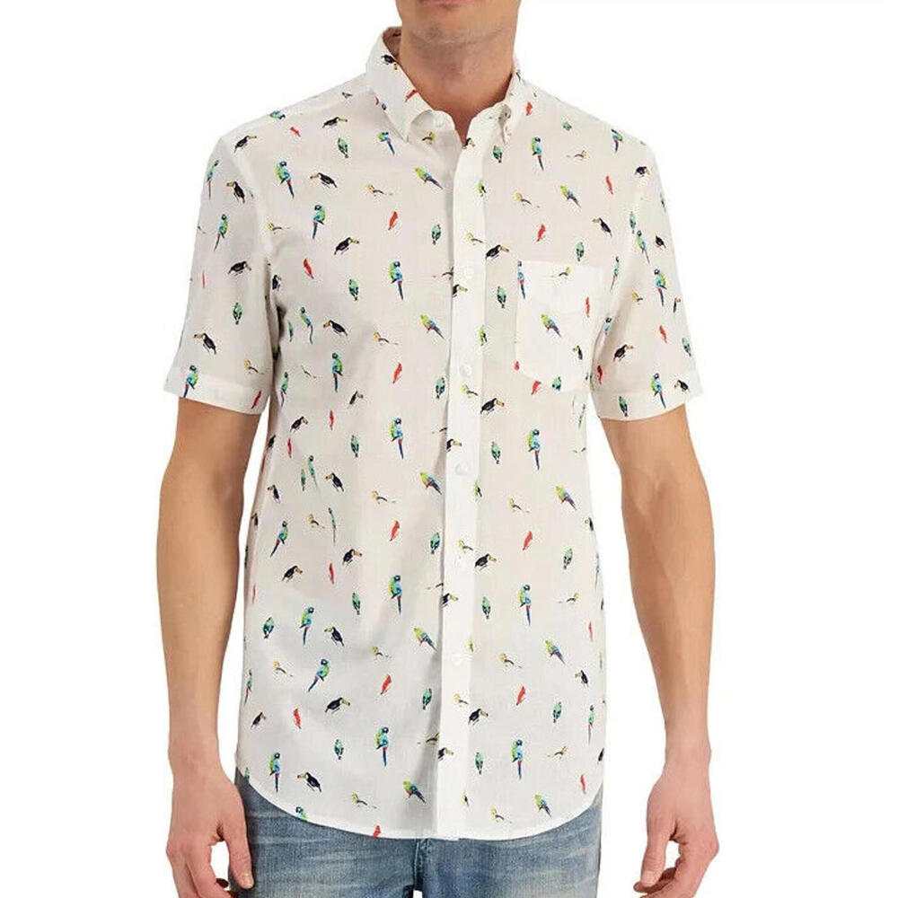 Club Room Textured Jungle Bird-Print Shirt Bright White Regular-Fit NWT Men XXL